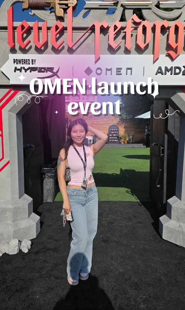 Instagram post by @peachietech for HyperX. Caption reads: the new OMEN MAX 45L looks insane 😲😲 i had a....