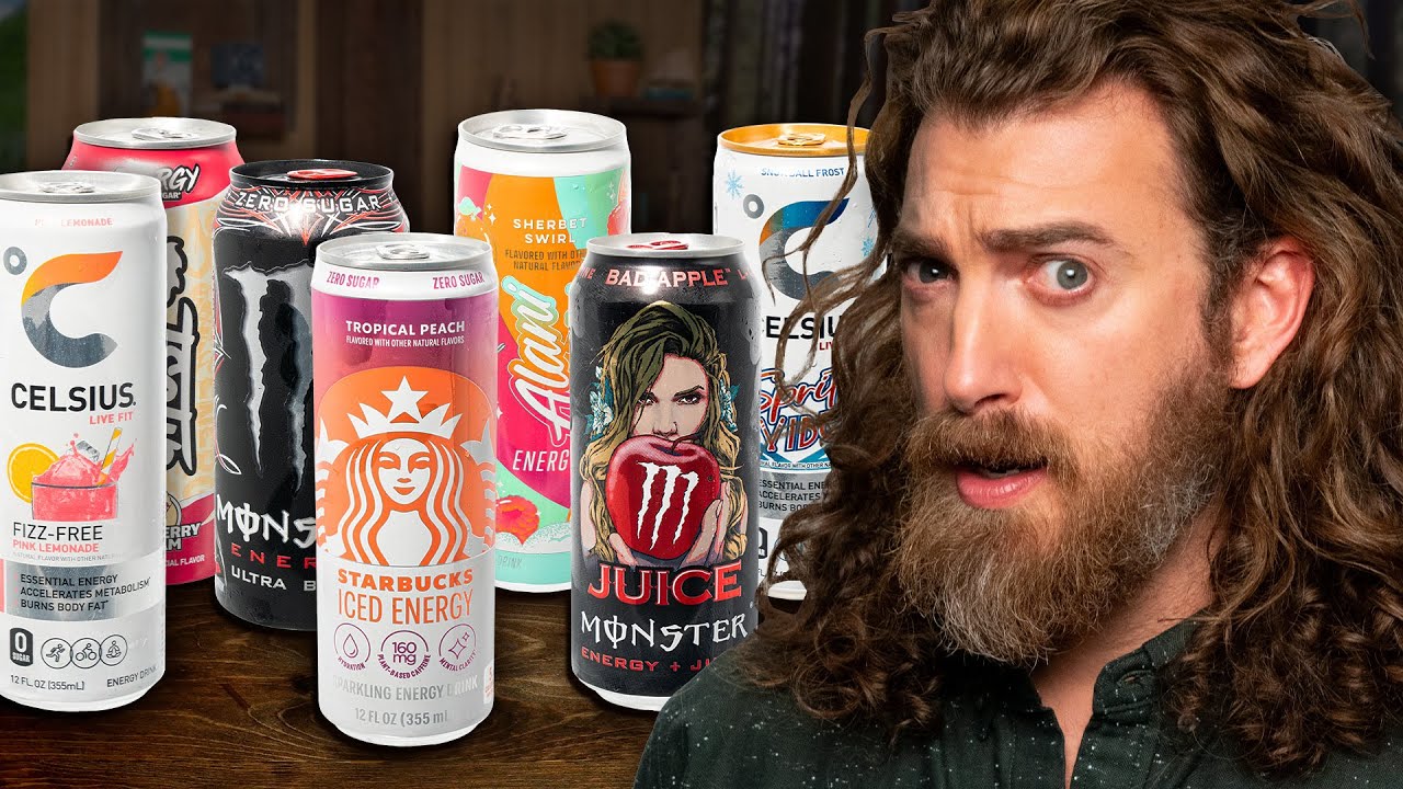 YouTube post by @GoodMythicalMORE for Mythical. Caption reads: Ranking The Best New Energy Drinks.