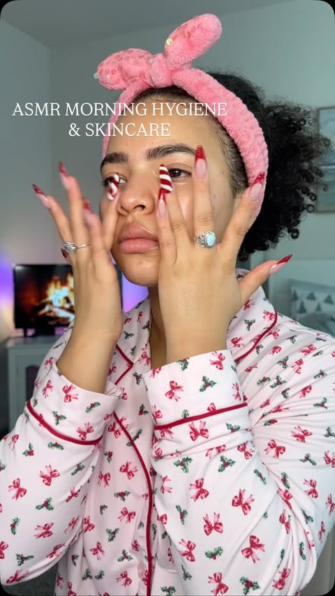 Instagram post by @zyah.angela for TheraBreath. Caption reads: *asmr* morning hygiene & skincare routine....