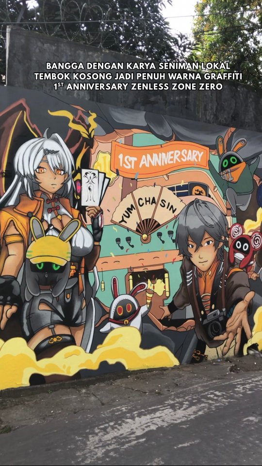 Instagram post by @palembang.eksis for Zenless Zone Zero. Caption reads: Wow! Ada graffiti keren banget dari Zenless Zone....