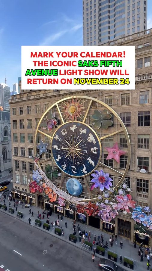 Instagram post by @thenycwalkingshow for Saks Fifth Avenue. Caption reads: New York City Iconic The Saks Fifth Avenue light....