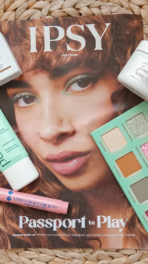 Instagram post by @kate_romanoff for IPSY. Caption reads: 💋 Passport to Play 💋 July @IPSY Unboxing!....
