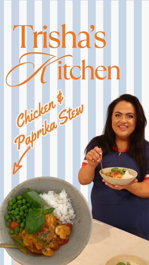 Instagram post by @trishas.transformation for Aldi UK. Caption reads: AD- Chicken, mushroom & paprika stew - cosy,....