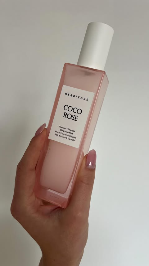 Instagram post by @rawmakeup__ for Herbivore. Caption reads: [...] the new coco rose milky body mist from....