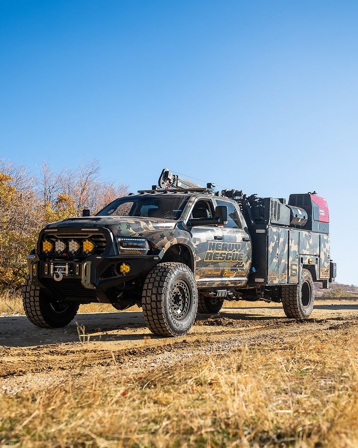 Instagram post by @heavydsparks for Ram Trucks. Caption reads: When the road ends, that’s when Heavy Rescue....