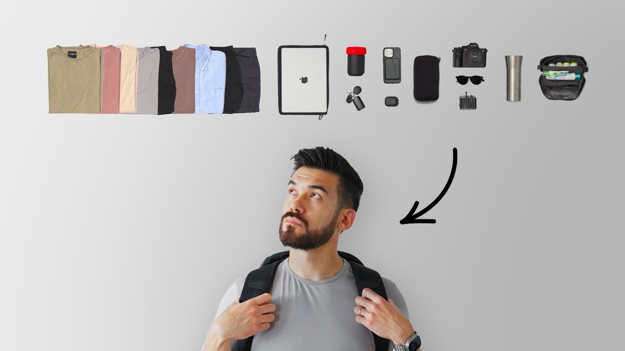 YouTube post by @DanielTitchener for Pakt Bags. Caption reads: My Minimalist Travel Setup (One Bag Travel/EDC).