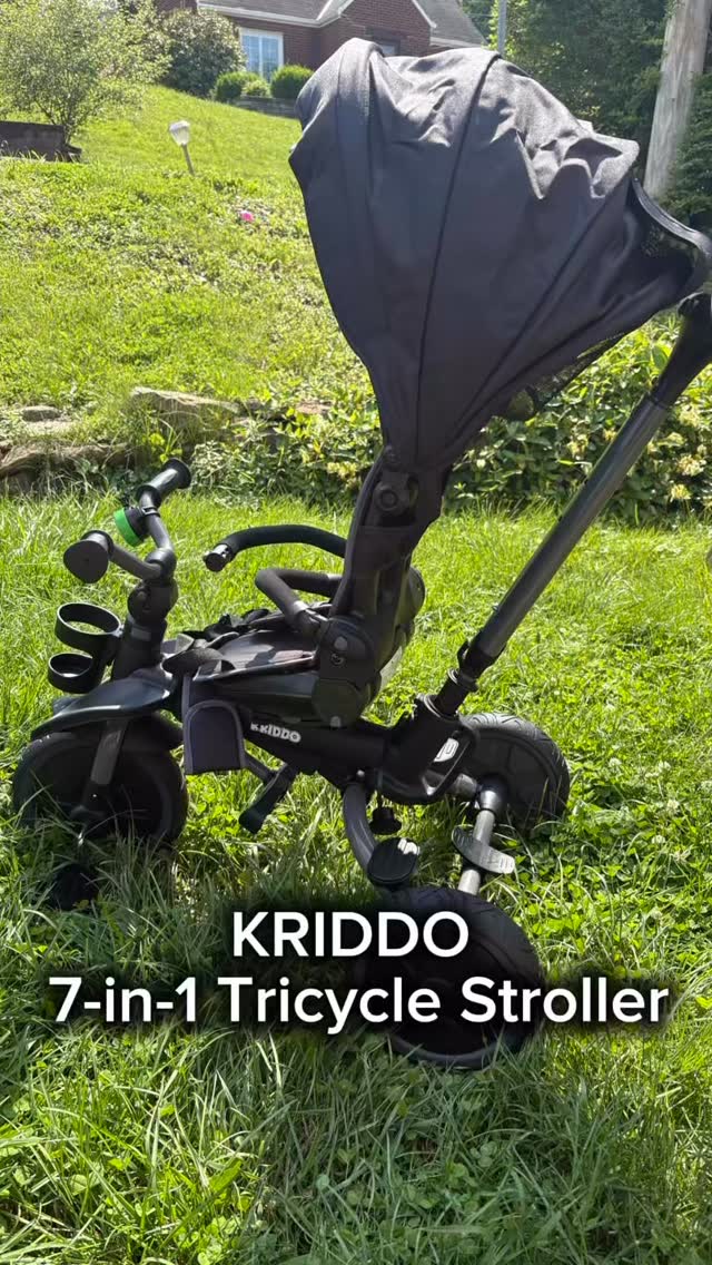Instagram post by @two__boys__me for KRIDDO. Caption reads: We tried out the KRIDDO 7-in-1 Tricycle Stroller....