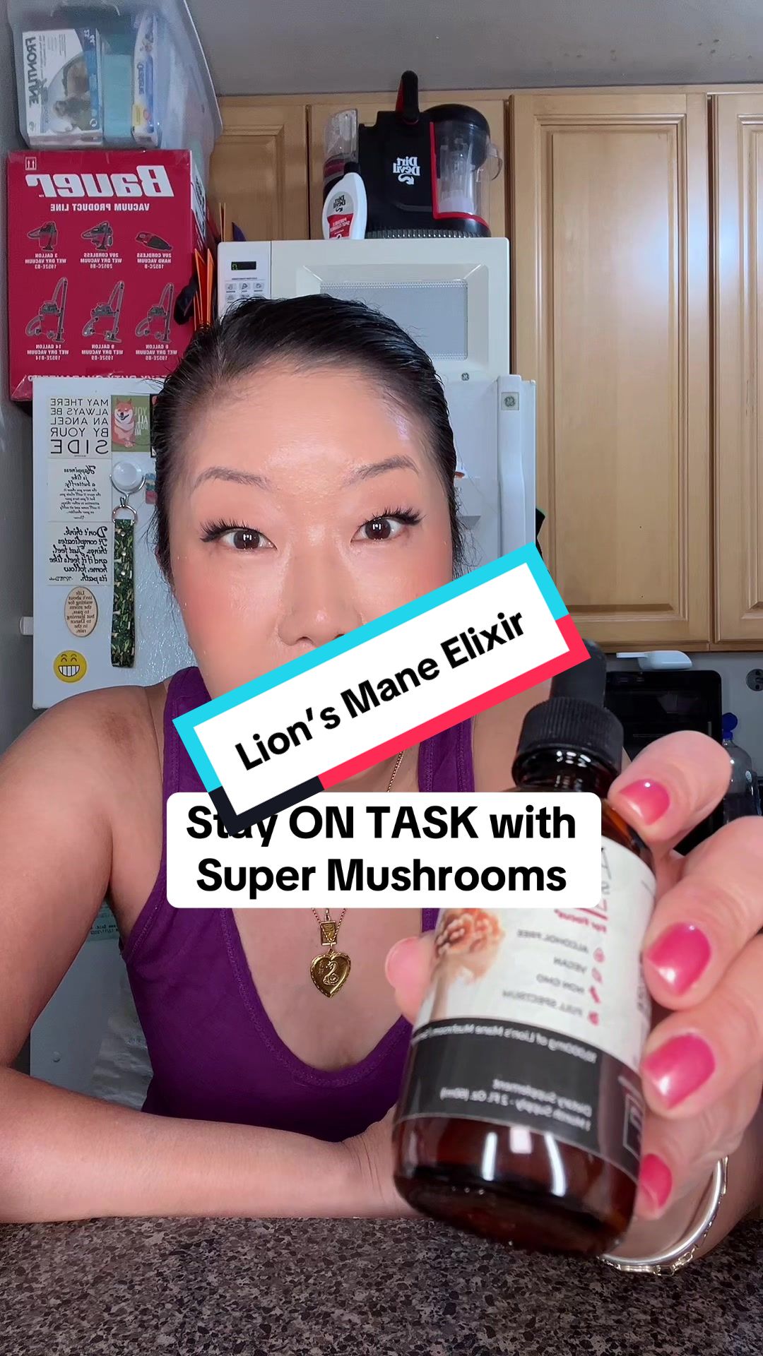 TikTok post by @girlwithadoge for Auri Nutrition. Caption reads: Super Mushroom Lion’s Mane Elixir! #lionsmane....