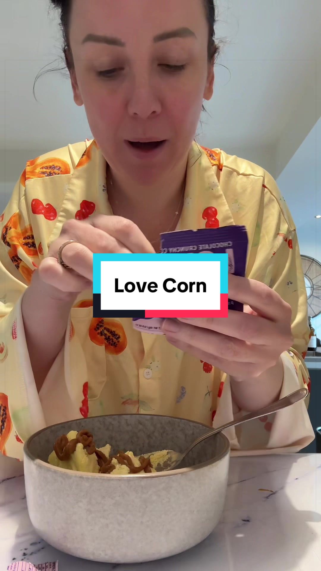 TikTok post by @theporterfamily for LOVE CORN. Caption reads: Omg use @LOVE CORN UK as an ice cream topper.....