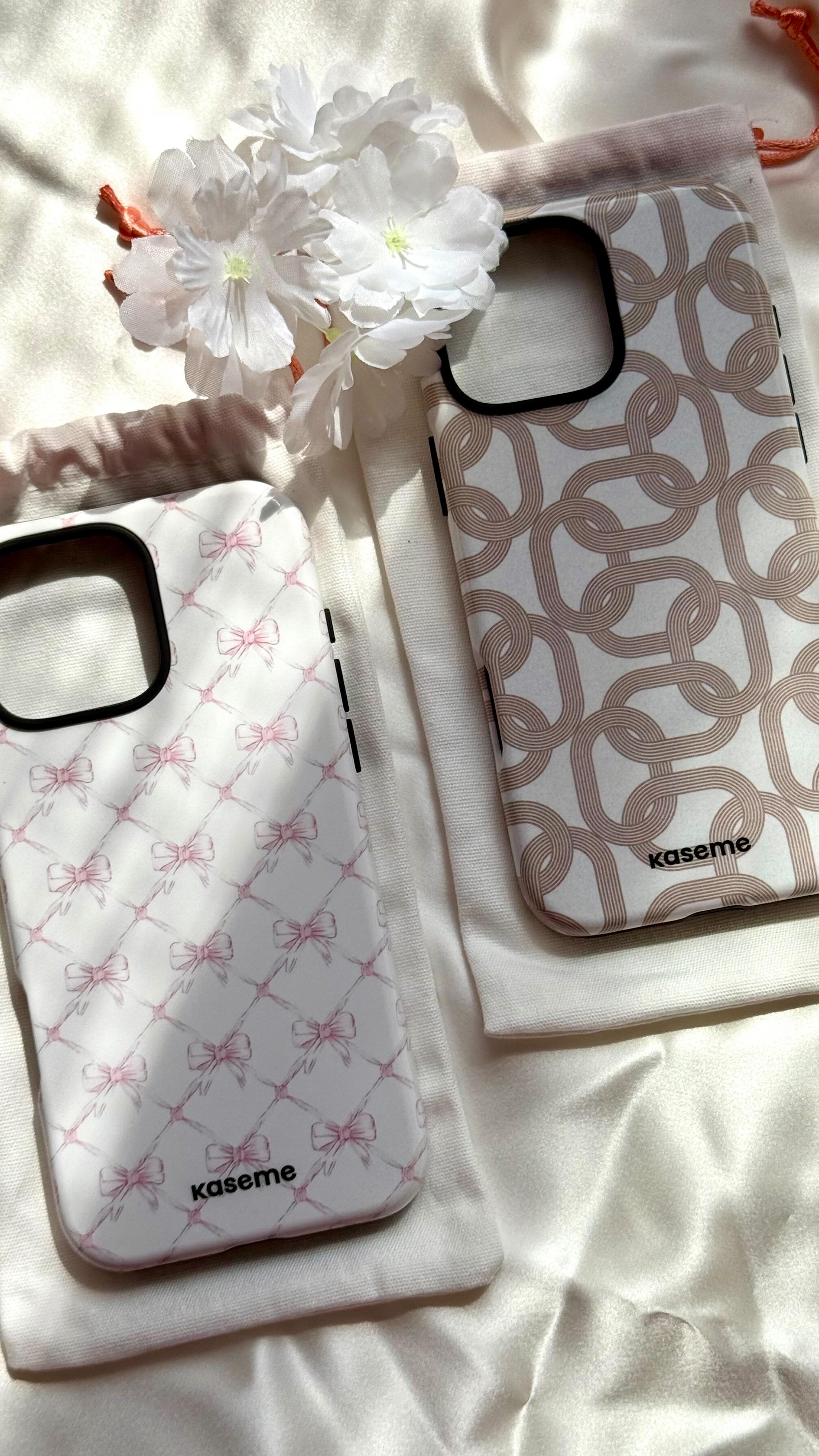 Instagram post by @bbeautypassion18 for KaseMe. Caption reads: New style essentials! 🎀✨ Phone case and earphones....