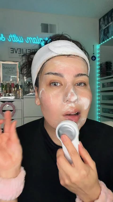 Instagram post by @get_glam_with_sadaf for RIKI LOVES RIKI. Caption reads: RIKI Radiant Silicone Face Cleanser 🥰....