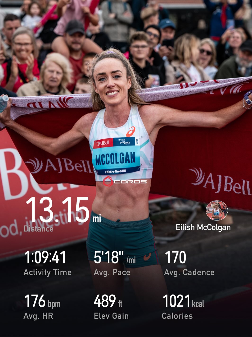 Instagram post by @eilishmccolgan for COROS. Caption reads: @eilishmccolgan takes 3rd at the Great North....