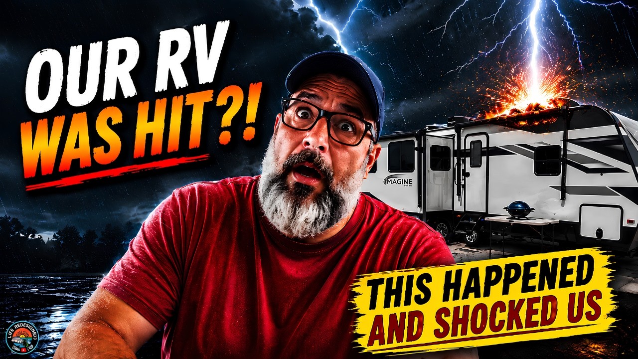 YouTube post by @liferedesigned for LiTime. Caption reads: Lightning Struck Our RV?! 😱 | Smoky Mountains RV....