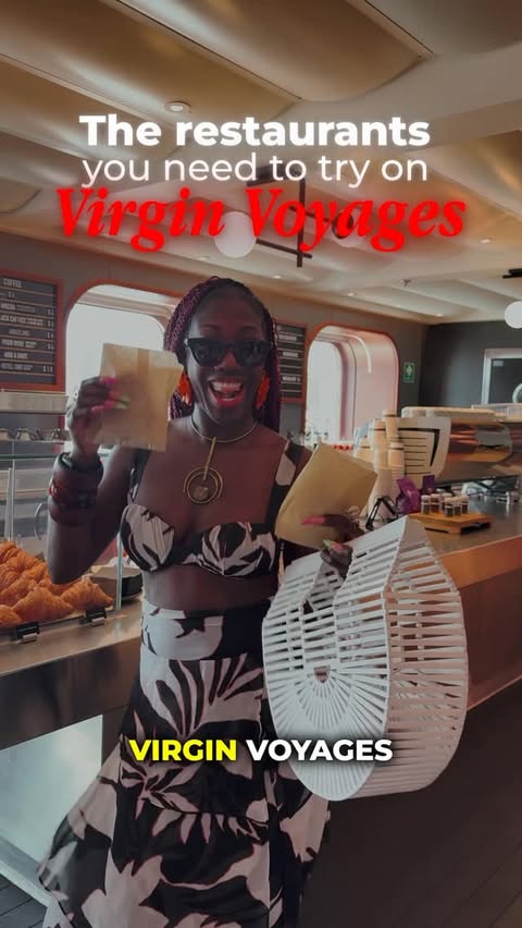 Instagram post by an influencer for Virgin Voyages. Caption reads: THREE @virginvoyages cruises later and the food....