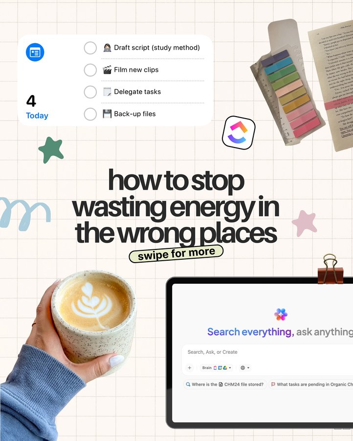 Instagram post by @teal.days for ClickUp. Caption reads: Stop draining your energy on things that don’t....