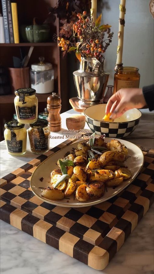 Instagram post by @chizobauwakwe for La Maison Maille. Caption reads: 🤎 #ad These delicious roasted potatoes elevated....