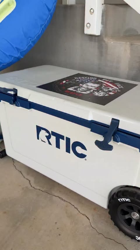 Instagram post by @resting_pitface_bbq for RTIC Outdoors. Caption reads: River days just hit different. 🌊☀️ Good friends,....