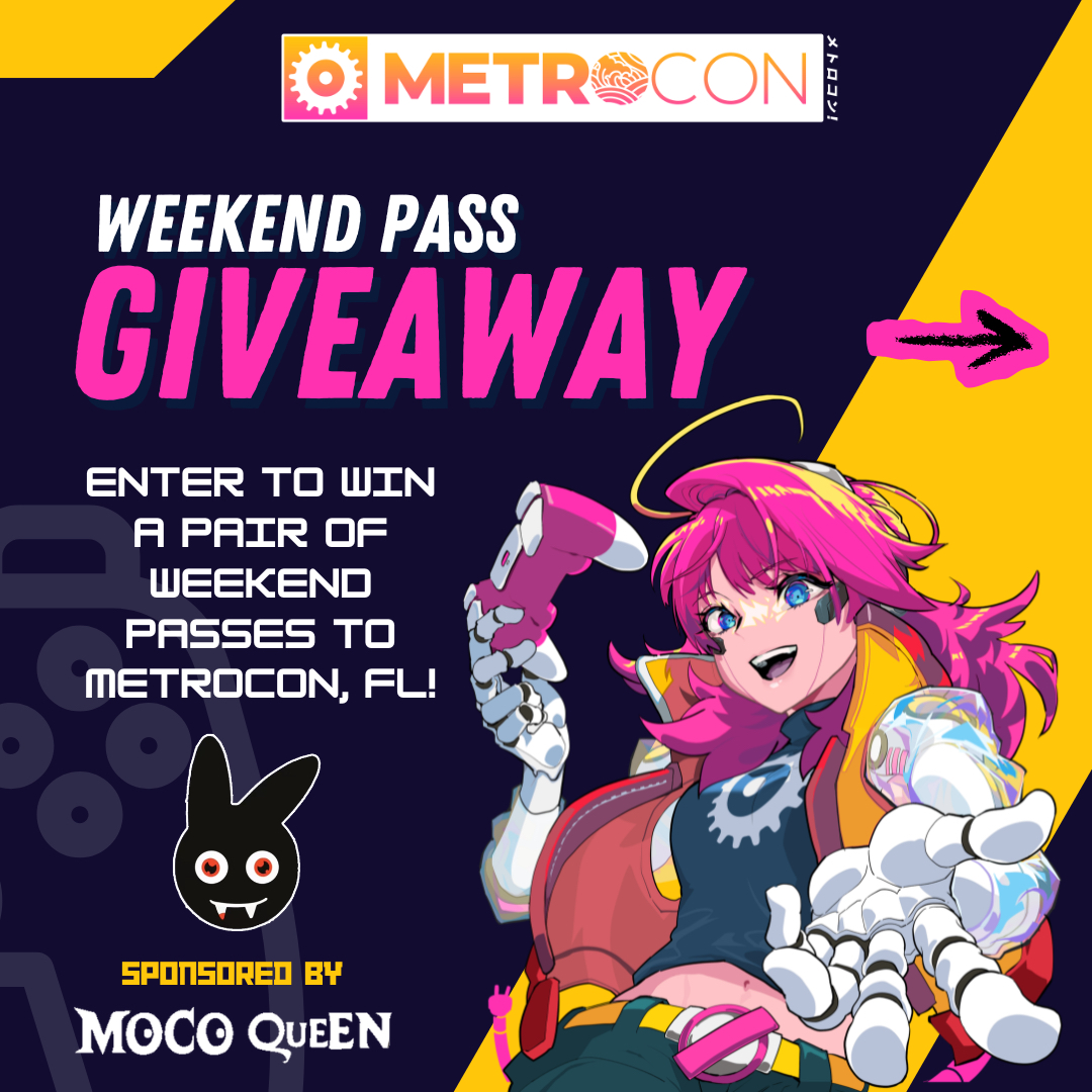 Instagram post by @metrocon_fl for MocoQueen. Caption reads: 💜⚙️ METROCON x Moco Queen: Weekend....
