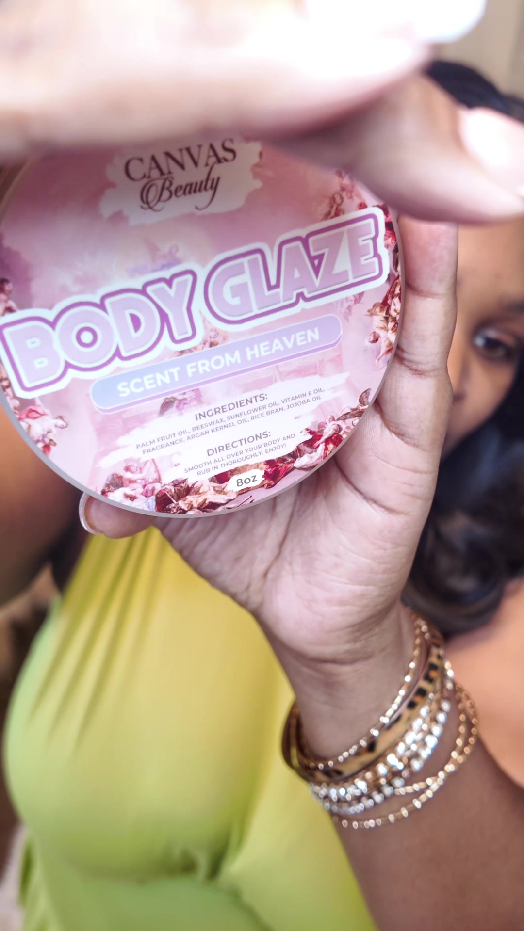 TikTok post by @xoprettynique_ for Canvas Beauty Brand. Caption reads: [...] mine Is my go to body glaze from @CANVAS....