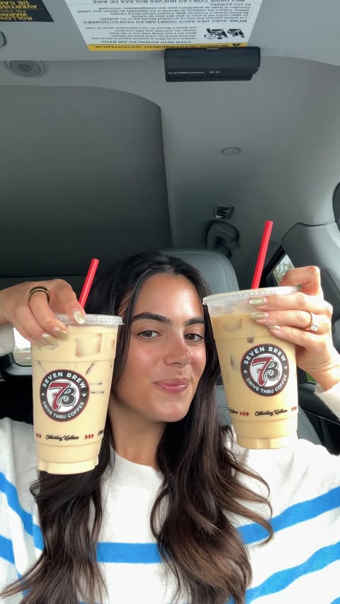 Instagram post by @thehangrylilbrunette for 7 Brew Coffee. Caption reads: Hands down my favorite coffee chain @7brewcoffee....