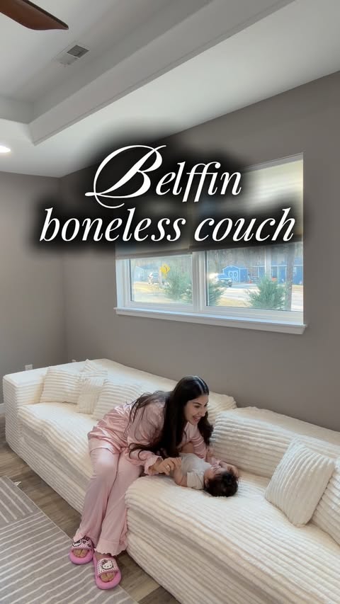 Instagram post by @mervexusa for Belffin. Caption reads: Cloud-like comfort at home 🤍
This boneless couch....