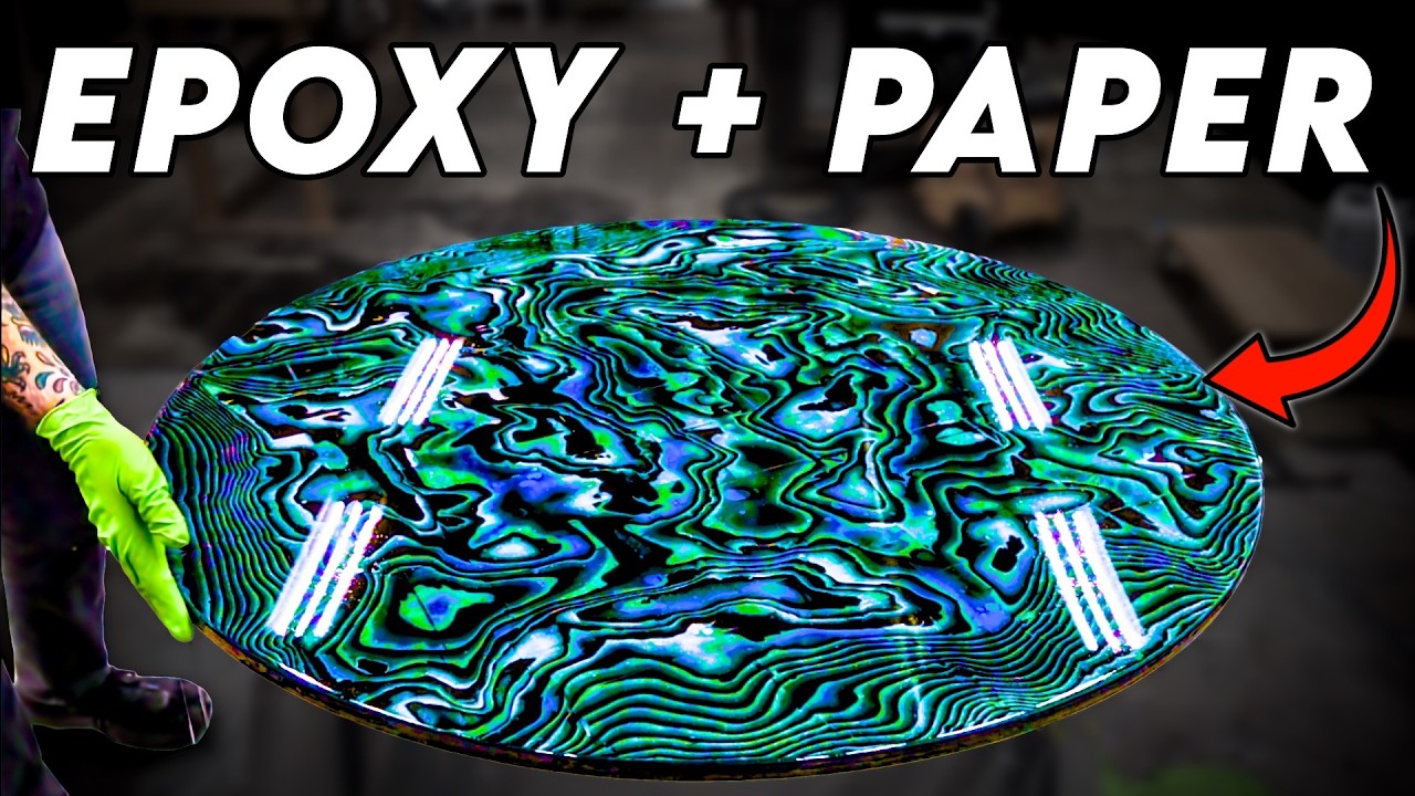 YouTube post by @JonnyBuilds for TotalBoat. Caption reads: I Turn 9024 Sheets of Paper into My Best Table Yet.