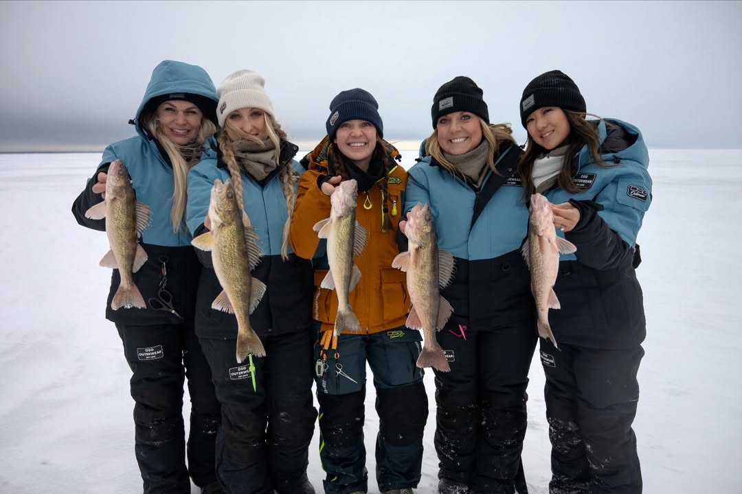 Instagram post by @kastingwithkayla for DSG Outerwear. Caption reads: Walleye fishing in -25° temps and 40+ mph winds is....