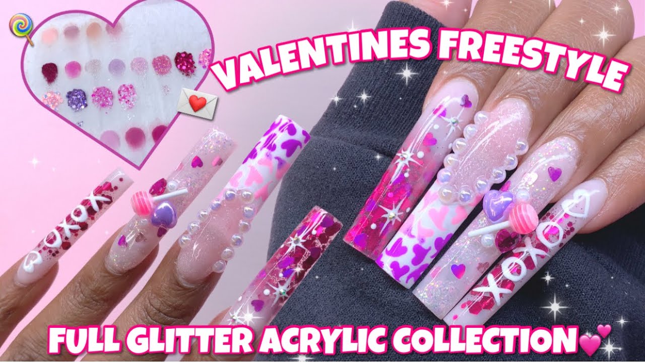 YouTube post by @NailsByKey for BTArtboxnails. Caption reads: UNBOXING NEW VALENTINES DAY ACRYLICS 💗🌹 XXL....