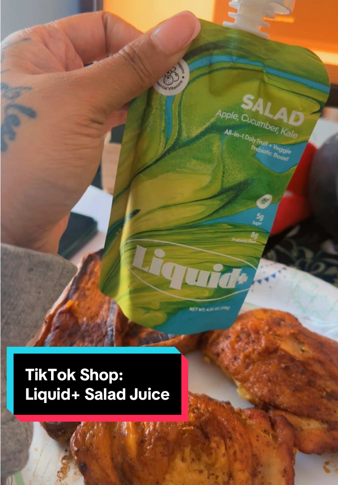TikTok post by @beautii_fulcreation for LiquidPlus. Caption reads: @liquidplus #greenjuice #shopwithlish #tiktokshop.