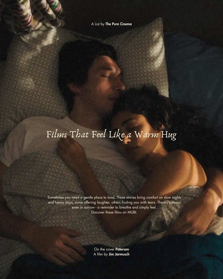 Instagram post by @thepurecinema for MUBI. Caption reads: Films that feel like a warm hug: a list of comfort....
