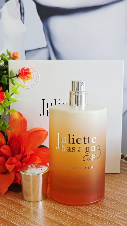 Instagram post by @sleekjules_reviews for Juliette has a gun. Caption reads: [...] dessert🍌 Meet Banana Rush by Juliette Has A....