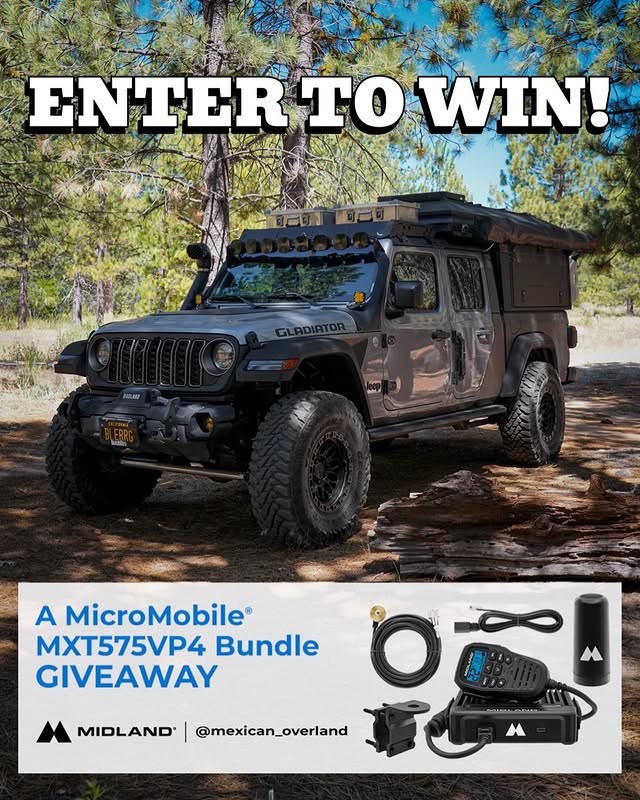 Instagram post by @mexican_overlander for Midland Radio. Caption reads: 🔥 GIVEAWAY TIME! 🔥 I’ve teamed up with....