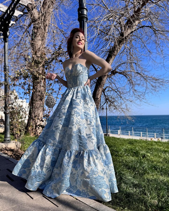 Instagram post by @mireladumitrescu1 for ZAPAKA. Caption reads: [...] Brocade Corset Long Prom Dress by....