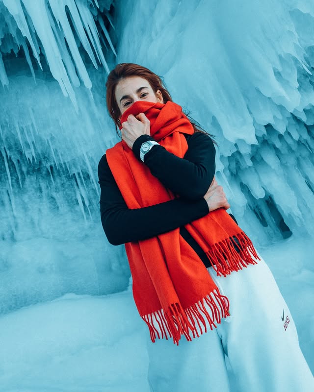 Instagram post by @michaelacarrot for Victorinox. Caption reads: [...] 🤝🏻 #lakebaikal #siberia #winter....