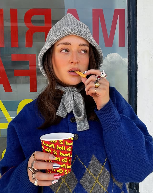 Instagram post by @elbeefrivolousfashion for Damson Madder. Caption reads: [...] chips, cool fit 🍟 wearing @damsonmadder....