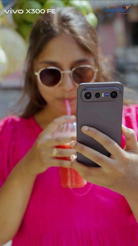 Instagram post by @virajitha_naidu for Sangeetha Mobiles. Caption reads: Vivo X300FE @vdreamapts_vivo @sangeetha.mobiles....