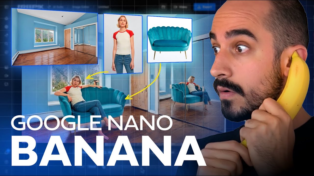 YouTube post by @DotCSVLab for Freepik. Caption reads: TESTING Google NANO-BANANA on Freepik! 🍌 The best....