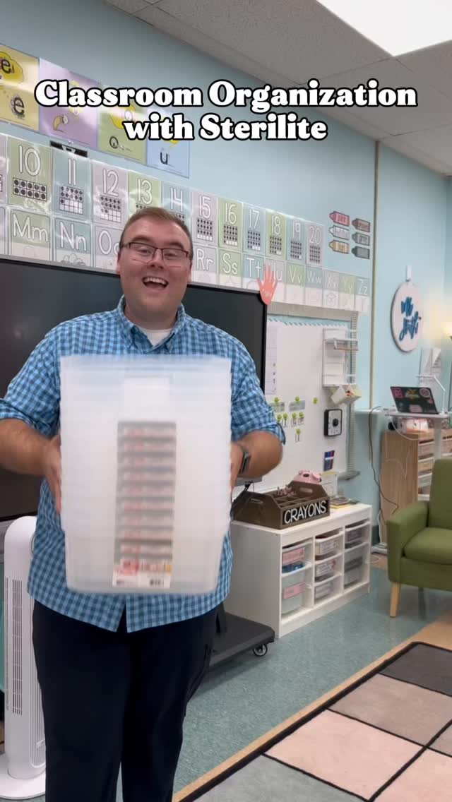 Instagram post by @teachwithheath_ for Sterilite. Caption reads: Keeping my classroom organized makes every day....