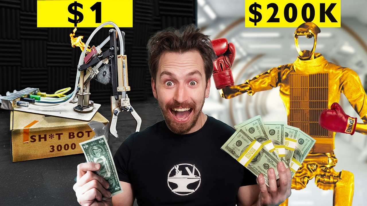 YouTube post by @hacksmith for iFixit. Caption reads: $1 Robot vs $200,000 Robot.