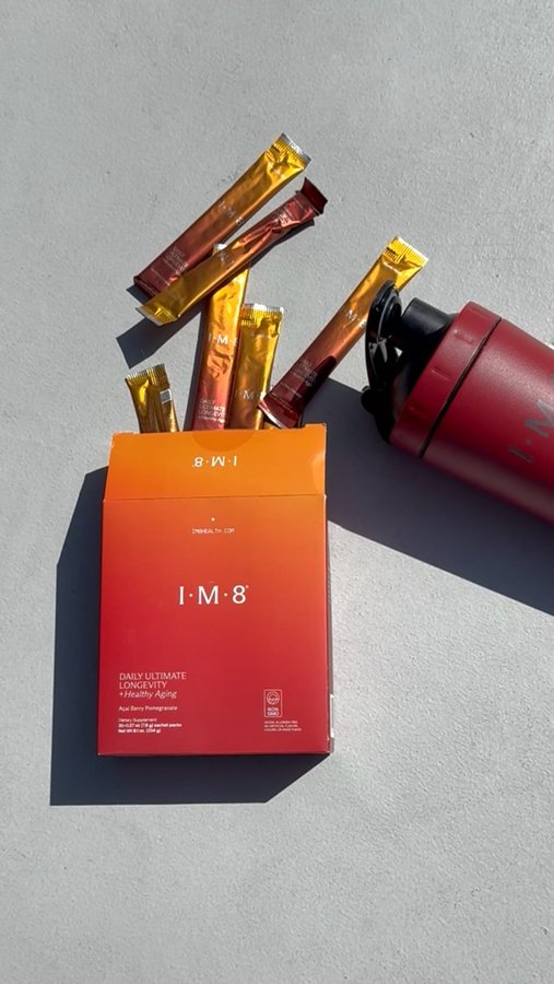 Instagram post by @elissagoodman for IM8Health. Caption reads: [...] like a longevity clinic in a scoop 💜....