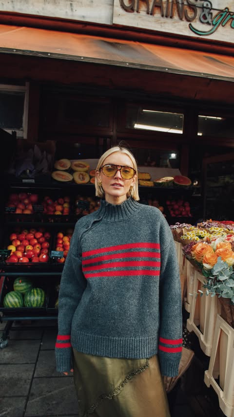 Instagram post by @pollyvnewman for Damson Madder. Caption reads: ahhh @damsonmadder you make layering FUN 🖤 can’t....