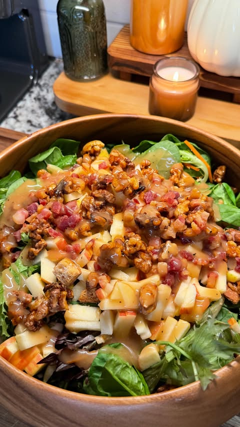 Instagram post by @cookwithauds for Taylor Farms. Caption reads: this honey balsamic salad is my go-to side for a....