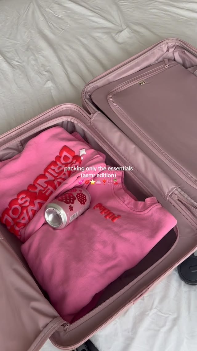 Instagram post by @sarah.juann for Poppi. Caption reads: [...] my @beis suitcase and my @drinkpoppi sweat....