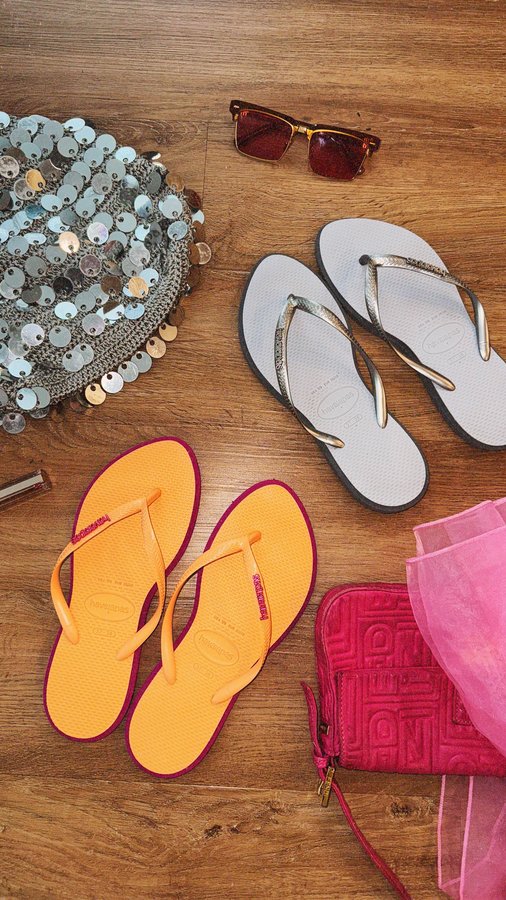 Instagram post by @byaimeekelly for Havaianas US. Caption reads: Gigi Hadid’s new wardrobe staple: Slim Point!....