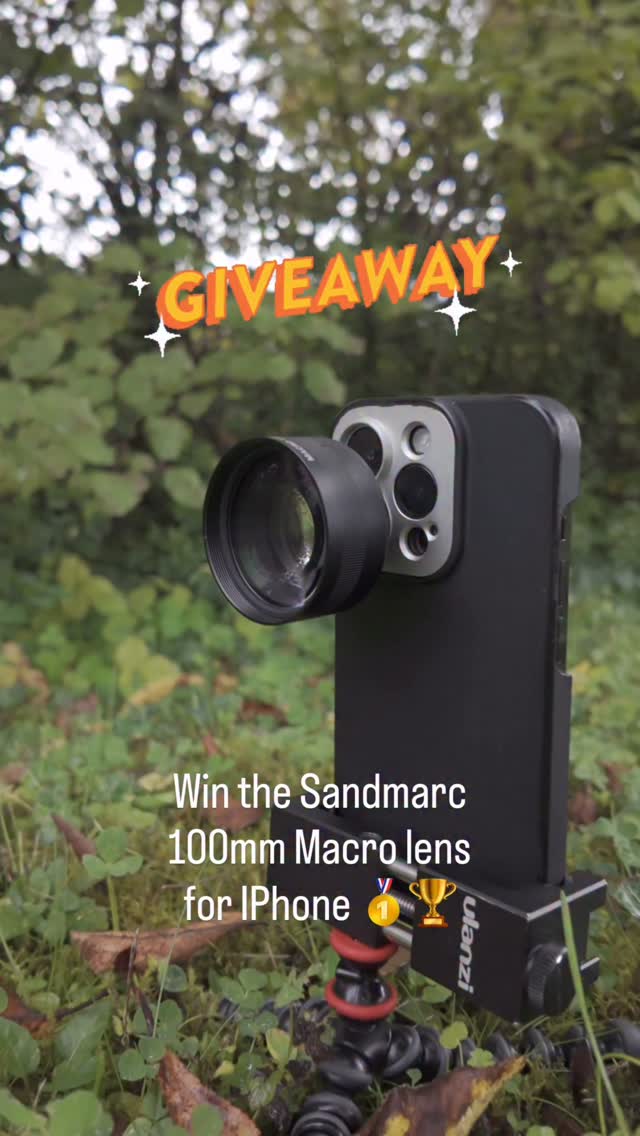 Instagram post by @fabrice_lombard_photography for SANDMARC. Caption reads: GIVEAWAY – Win the SANDMARC 100mm Macro Lens for....