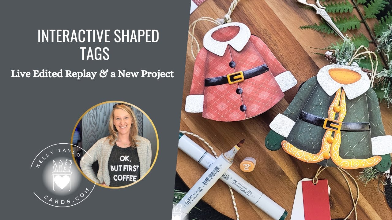 YouTube post by @KellyTaylorCards for Honey Bee Stamps. Caption reads: Interactive Shaped Christmas Tags: Hectic Week.