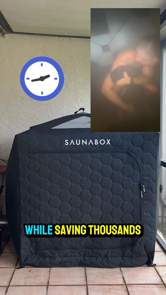 Instagram post by @blessed_fitcouple for SAUNABOX. Caption reads: Want a healthier heart, faster recovery, and....
