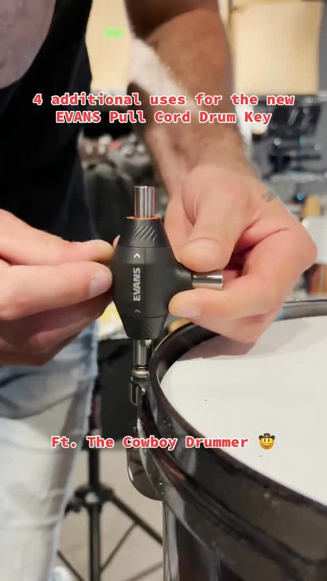 Instagram post by @thecowboydrummer for EVANS Drumheads. Caption reads: What are your thoughts on the new Pull Cord Drum....