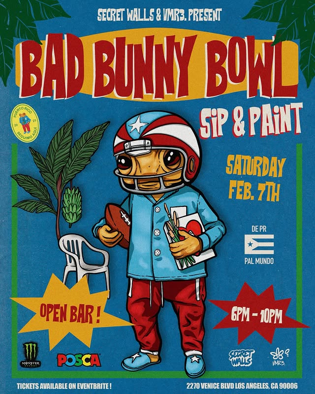 Instagram post by @secretwalls.studios for Secret Walls. Caption reads: [...] LA 🌴🏈🎨 SATURDAY, FEB. 7TH 📆 with....