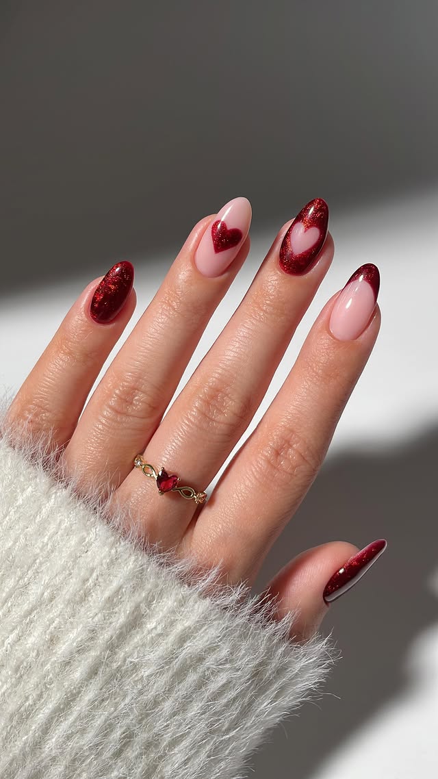 Instagram post by @simlynail for Hypebae. Caption reads: Swirly red velvet nails for Valentine’s Day 🥹🫶🏼....
